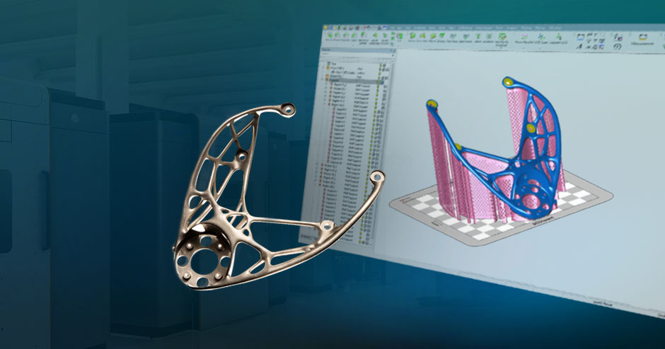 una captura de pantalla del software junto a una pieza impresa en 3D