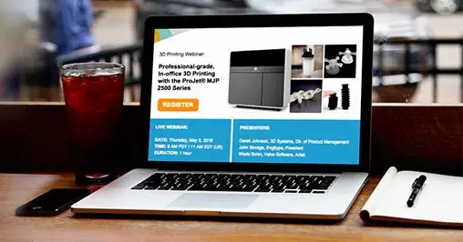 una computadora portátil con información del seminario web de 3D Systems