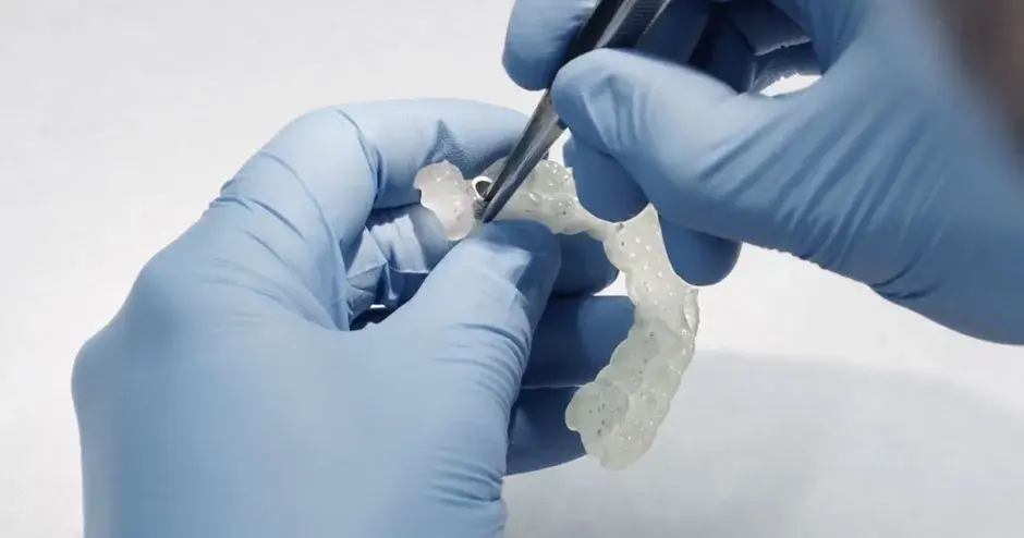 Un dentista trabajando con una pieza de implantología impresa en 3D