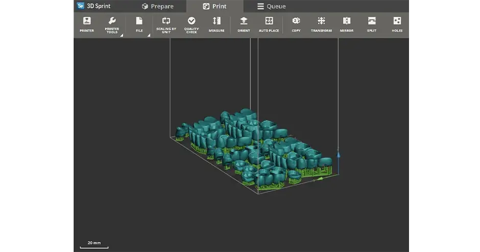 Una captura de pantalla de la bandeja de impresión de 3D Sprint llena de piezas dentales