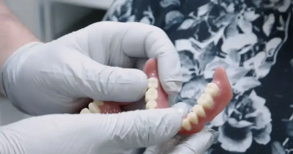 Un dentista entregando nuevas prótesis dentales a un cliente