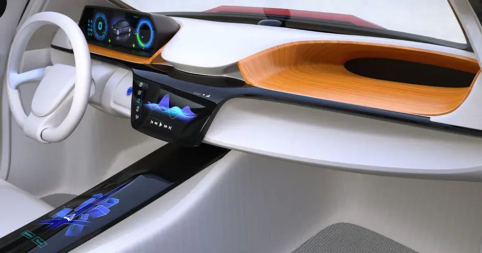 interior blanco de automóvil con líneas futuristas, paneles de control con luces led y detalles de madera clara en la consola