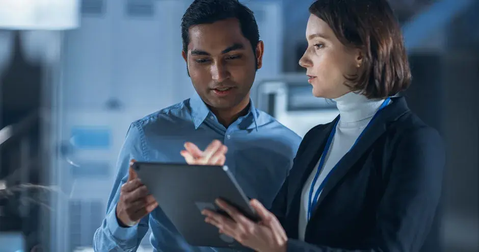 2 personas hablando y trabajando con una tableta