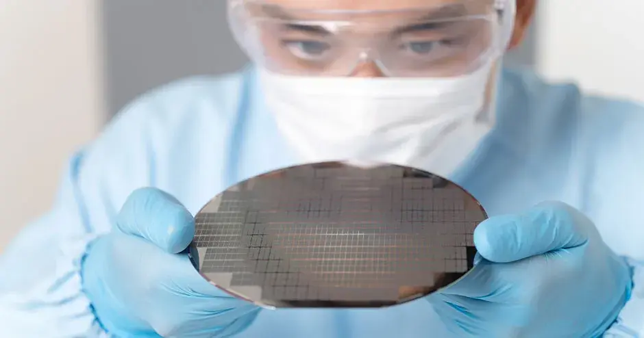 una persona vestida con un equipo de protección y que sostiene una pieza impresa en 3D