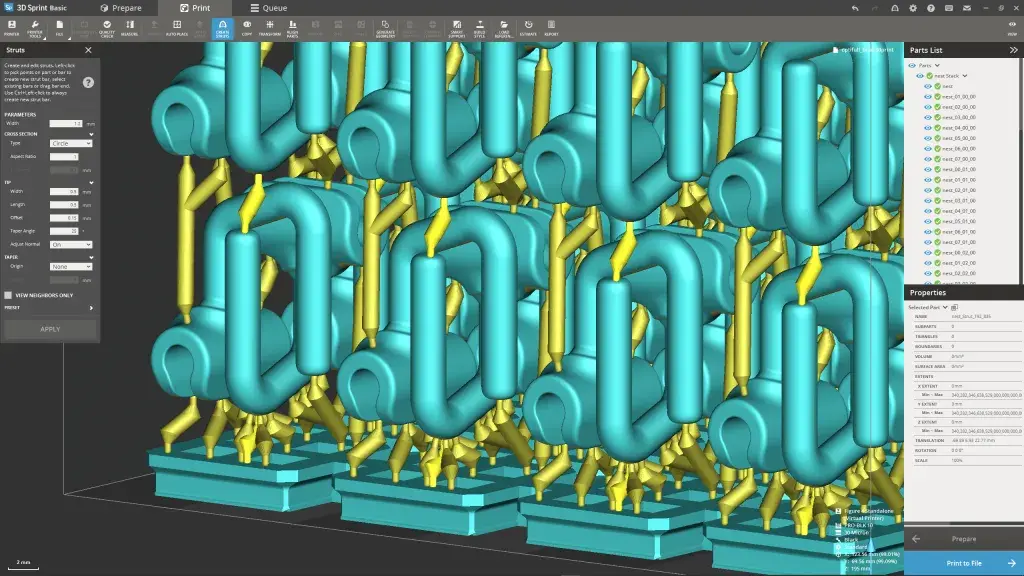 Captura de pantalla del software 3D Sprint que demuestra la función de puntal para la fabricación apilada