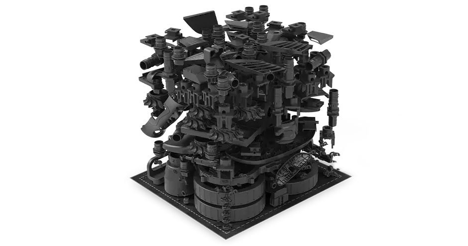 muchas piezas impresas en 3D apiladas unas sobre otras para un procesamiento óptimo