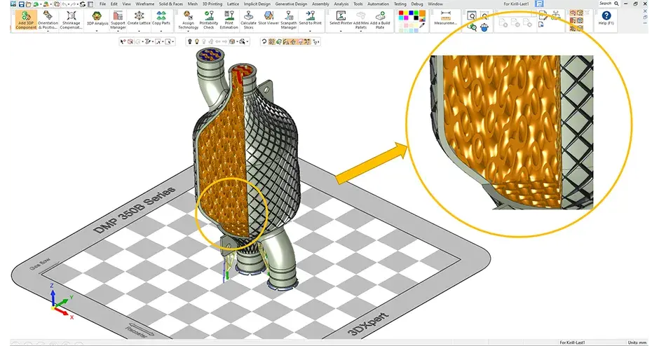 Representación gráfica de 3DXpert de un intercambiador de calor diseñado con modelado implícito
