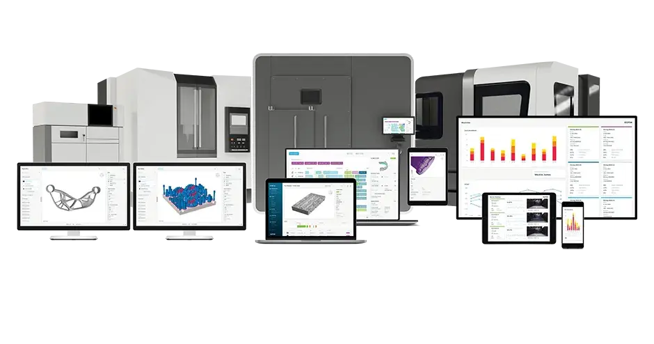 fila de computadoras de escritorio con diversas vistas del software Oqton