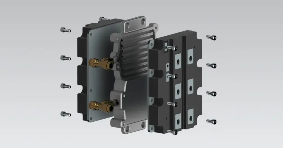 Vista del corte de las galerías de enfriamiento de conformación en un disipador de calor para un módulo electrónico impreso con fabricación aditiva en metal