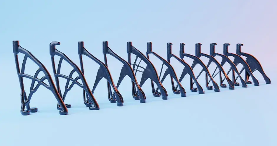 una fila de piezas impresas en 3D que muestran diferentes diseños de ingeniería e impresiones personalizadas