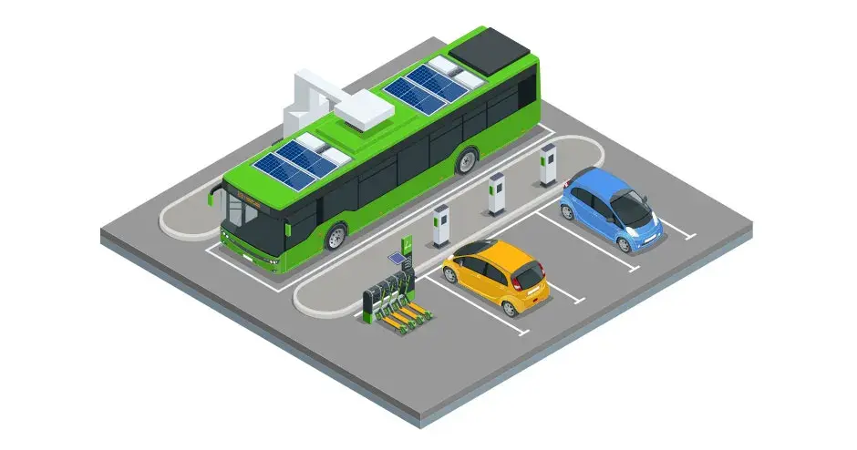 Boceto de un autobús eléctrico de pasajeros que utiliza una estación de carga automática en el techo. 