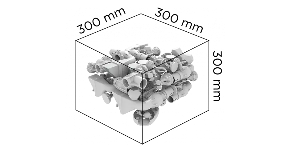 Un gráfico que muestra el volumen de impresión de la impresora SLS 300