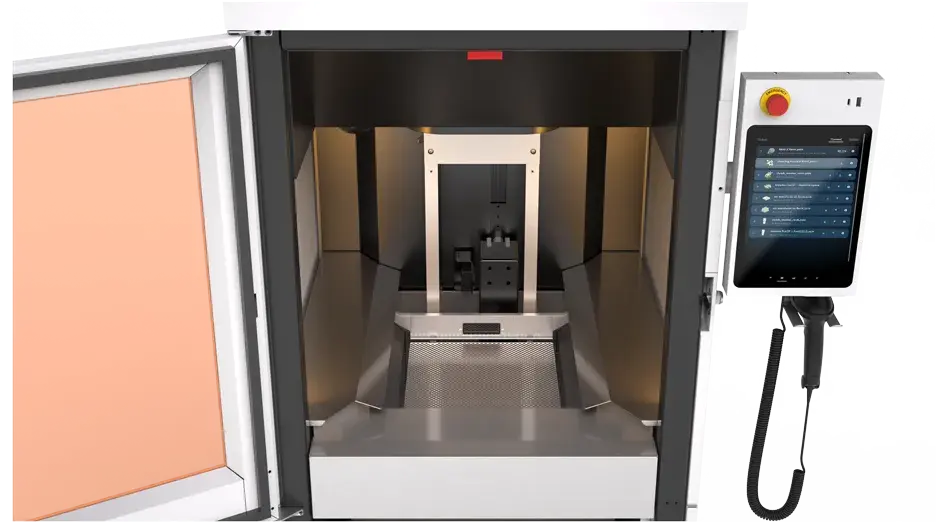 Impresora PSLA 270 3D abierta mostrando la interfaz de usuario del software