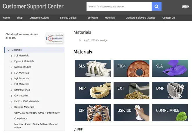Extensive technical support for 3D printed materials is available at the website