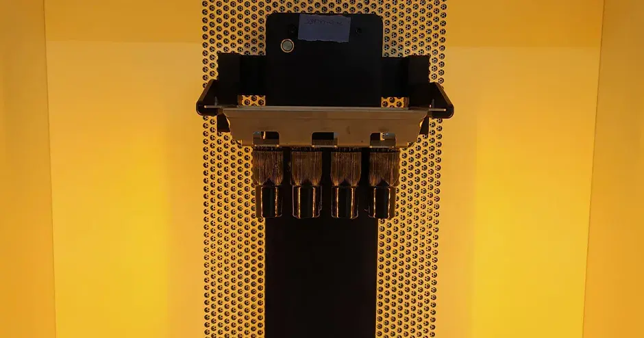 Una plataforma de piezas de muestra recién construida y lista para ser extraída del sistema modular de 4